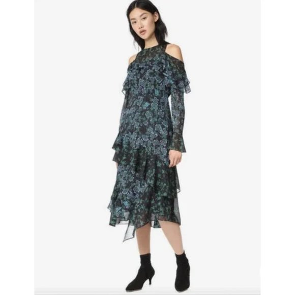 Tanya Taylor Green Floral Althea Silk Ruffle Midi Cold Shoulder Dress whimsigoth - Picture 13 of 13